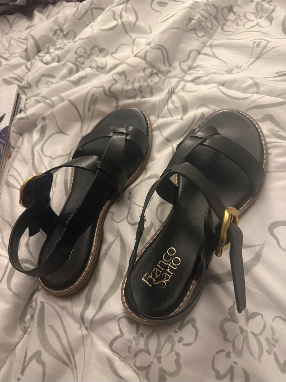 Franco Sarto Black Leather Strappy Sandals with Gold Buckle